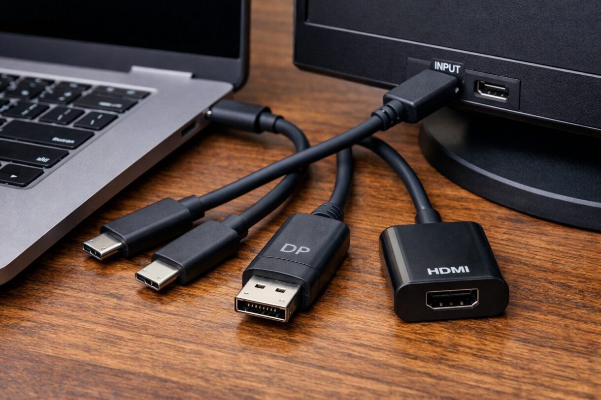 Проверка кабеля и переходников для монитора Мастер проверяет кабели USB-C и переходники перед подключением монитора