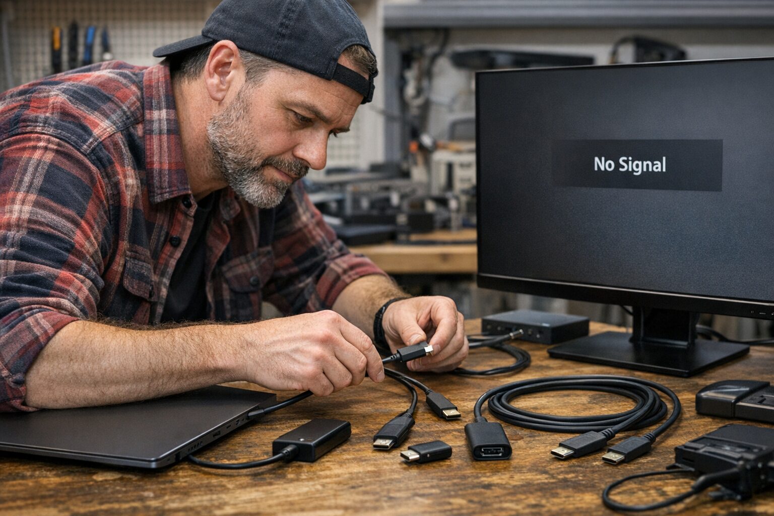 Мастер проверяет кабели USB-C и переходники перед подключением монитора