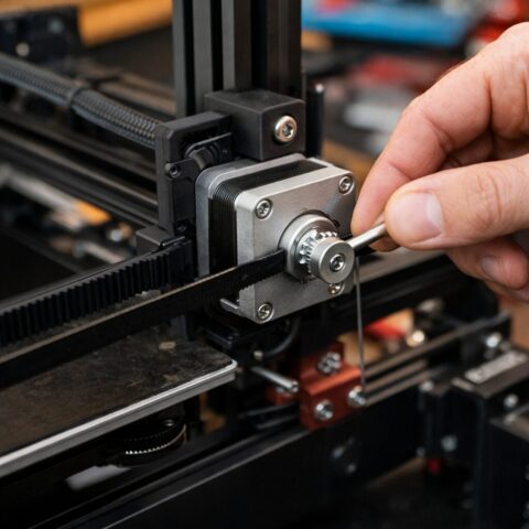 Проверка механики принтера перед печатью Мастер проверяет ремень и стол 3D принтера в мастерской