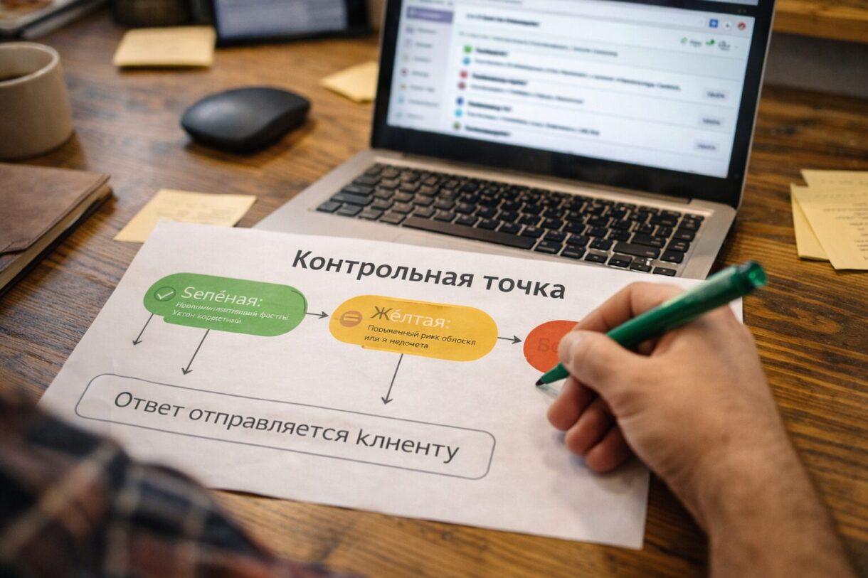Проверка ответа ИИ перед отправкой клиенту Менеджер проверяет ответ ИИ на ноутбуке перед отправкой клиенту