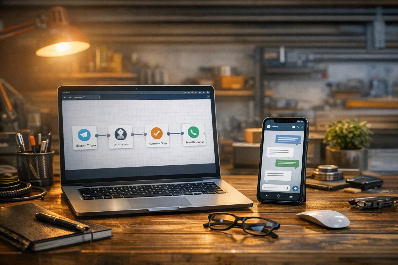 Рабочий стол с ноутбуком, схемой автоматизации и телефоном с перепиской