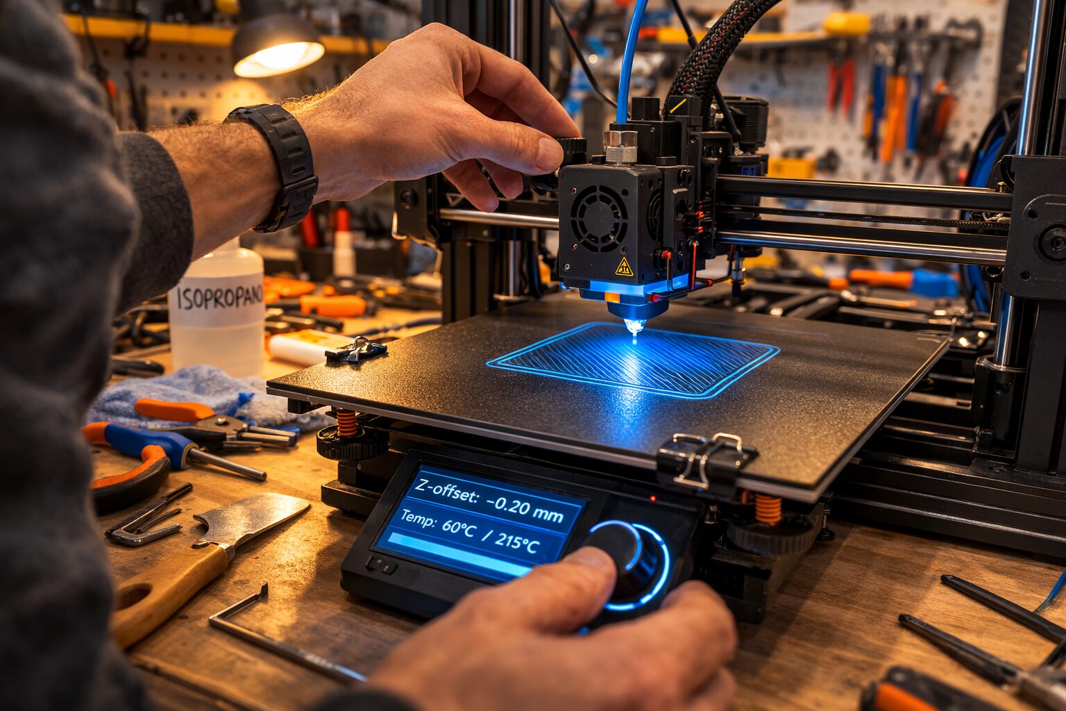 Мастер настраивает Z-offset у 3D-принтера перед тестом первого слоя на PEI пластине