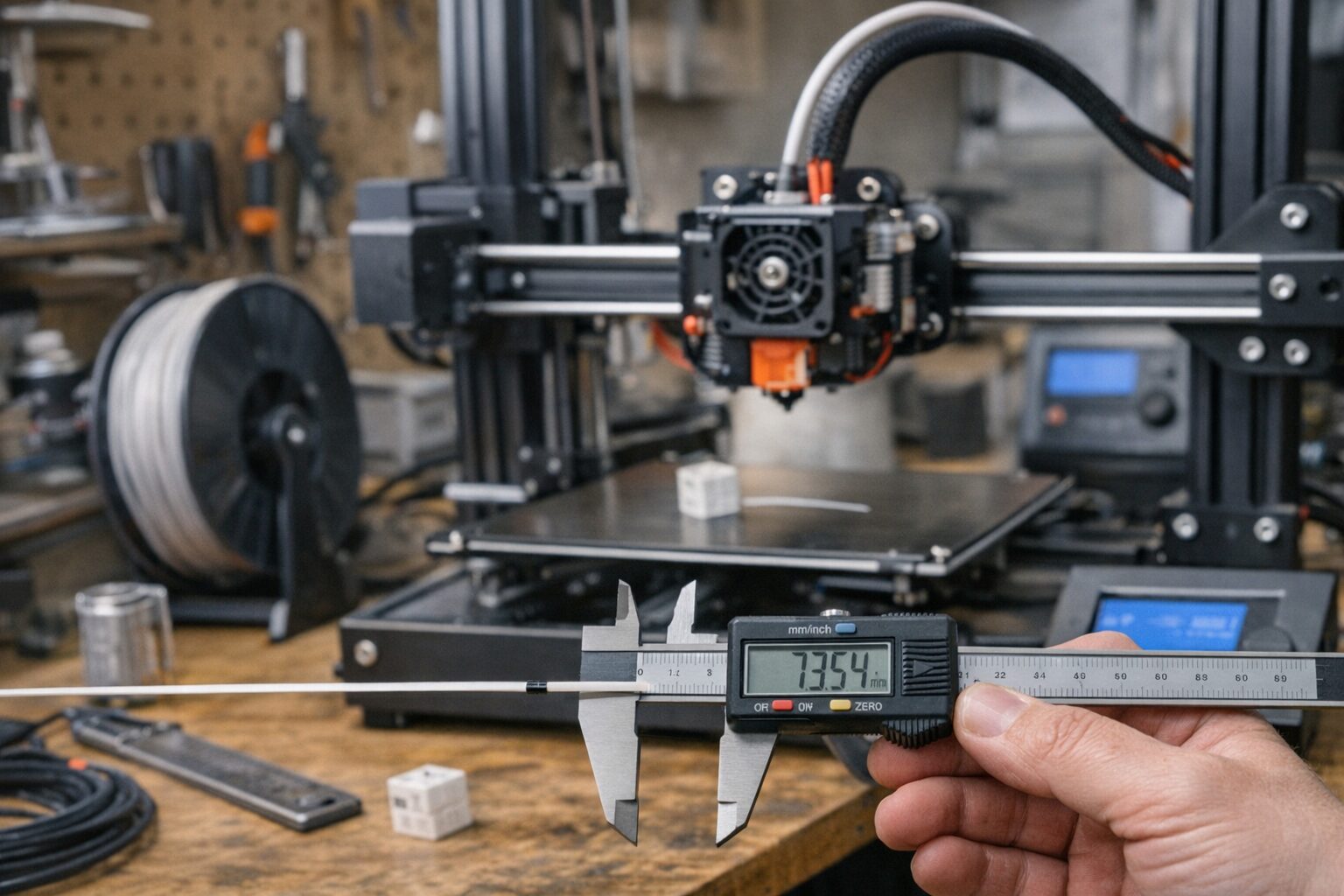 Измерение подачи филамента штангенциркулем у экструдера 3D-принтера