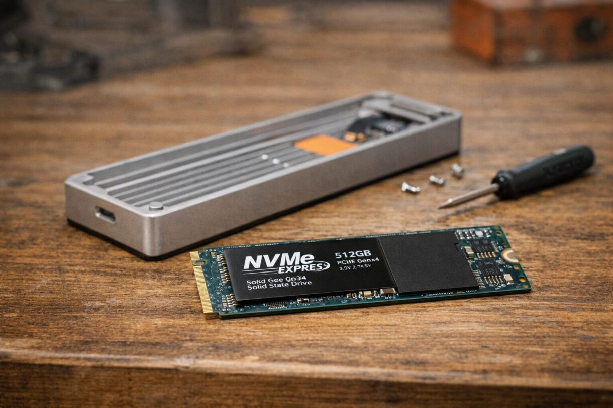 Проверка скорости внешнего SSD через Thunderbolt 5 Внешний SSD в алюминиевом боксе рядом с кабелем USB-C и ноутбуком