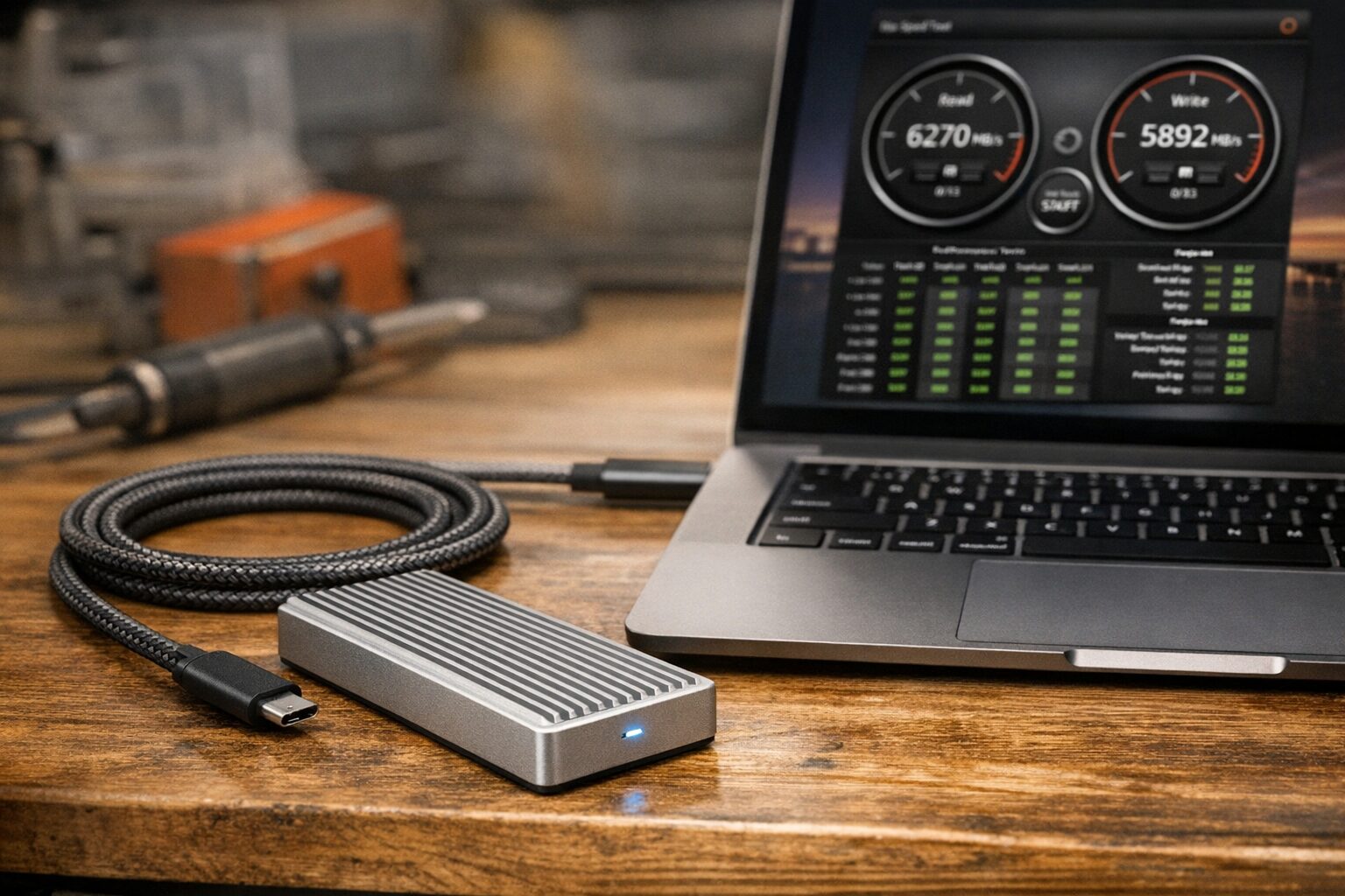 Внешний SSD в алюминиевом боксе рядом с кабелем USB-C и ноутбуком