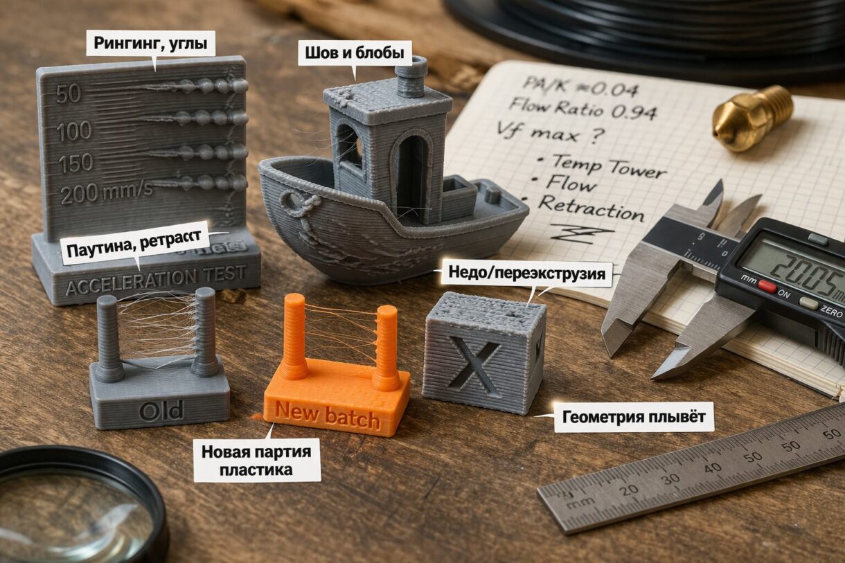 Мастер у 3D-принтера проверяет старый профиль печати по тестовой модели