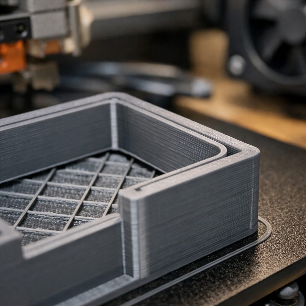 Крупный план 3D-детали с зазором у внутренней стенки и линиями заполнения