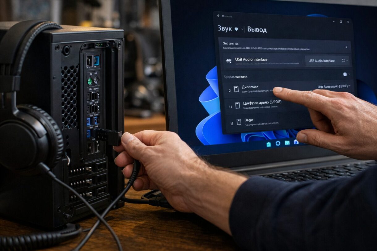Проверка USB-аудио после обновления Windows 11 24H2 Ноутбук с открытыми настройками звука и подключённым USB-аудиоустройством на рабочем столе