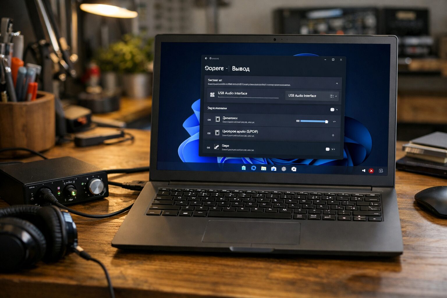 Ноутбук с открытыми настройками звука и подключённым USB-аудиоустройством на рабочем столе