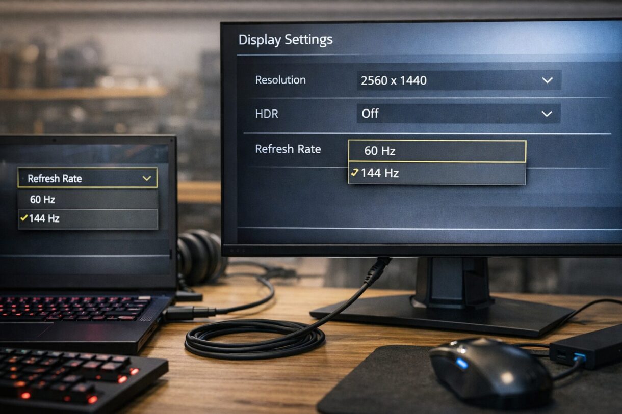 Проверка высокой частоты через USB-C Ноутбук подключен к игровому монитору по USB-C, на экране выбрана высокая частота