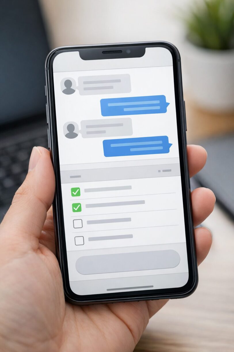 Сотрудник сервиса отмечает этапы работы в списке задач на смартфоне