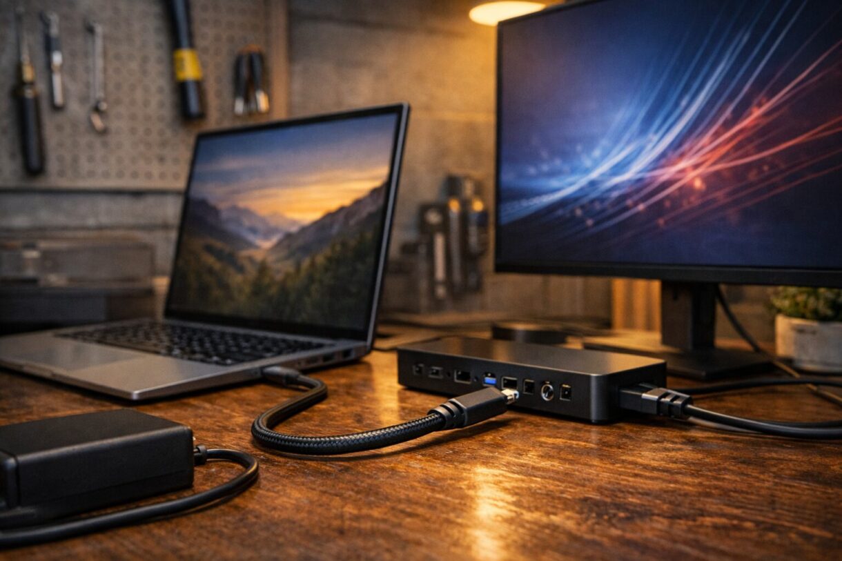 Рабочее место с USB-C и док-станцией Ноутбук, монитор и док-станция на рабочем столе с подключением по USB-C
