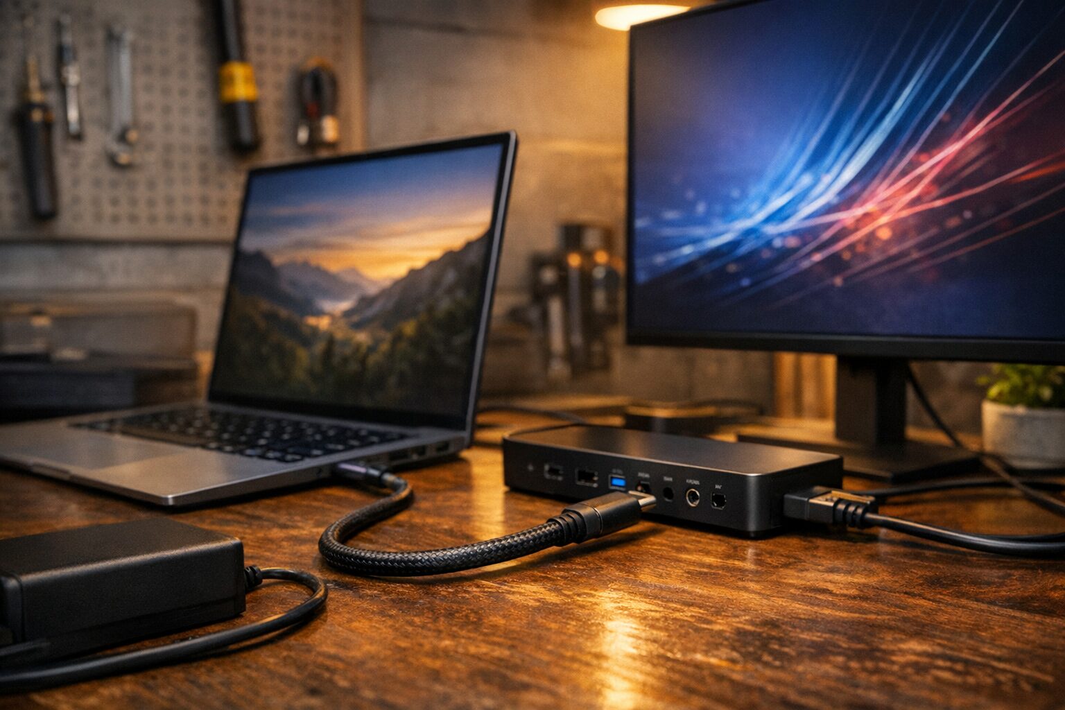 Ноутбук, монитор и док-станция на рабочем столе с подключением по USB-C