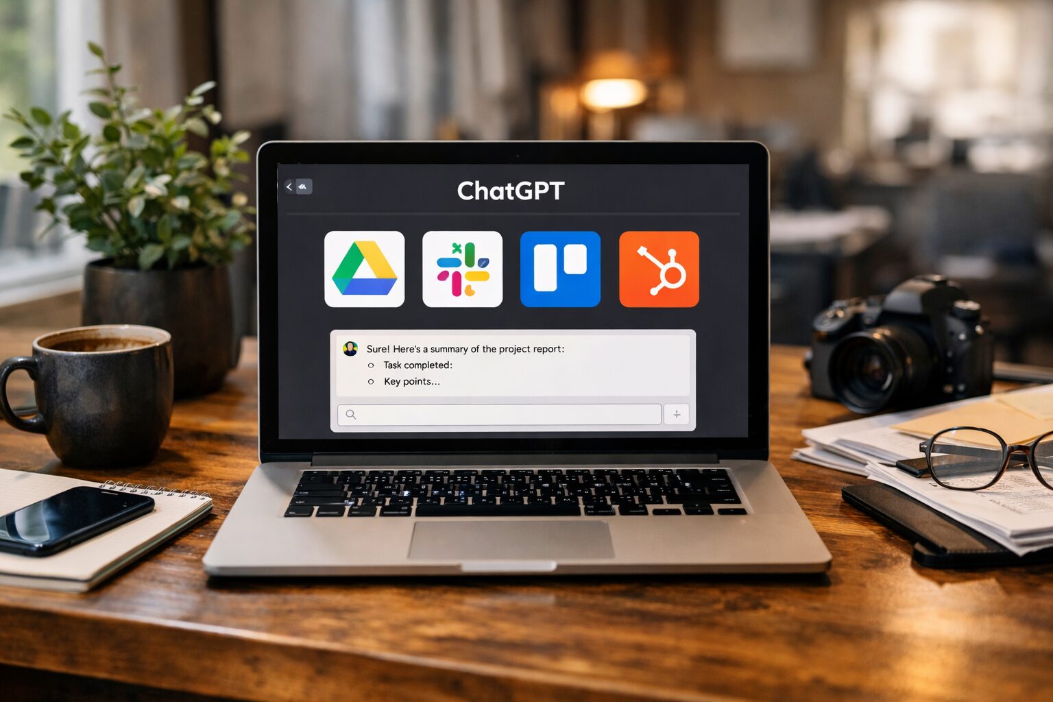Рабочий стол с ноутбуком и единым интерфейсом для документов, задач и переписки