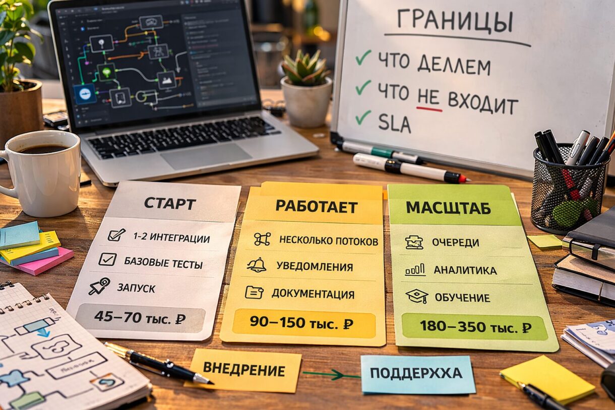 Разбор пакетов и поддержки Специалист обсуждает схему автоматизации и тарифы поддержки у рабочего стола