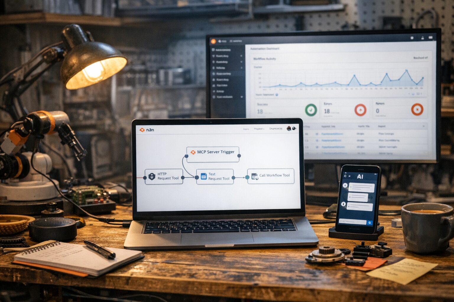 Ноутбук с MCP Server Trigger и схемой инструментов автоматизации на экране