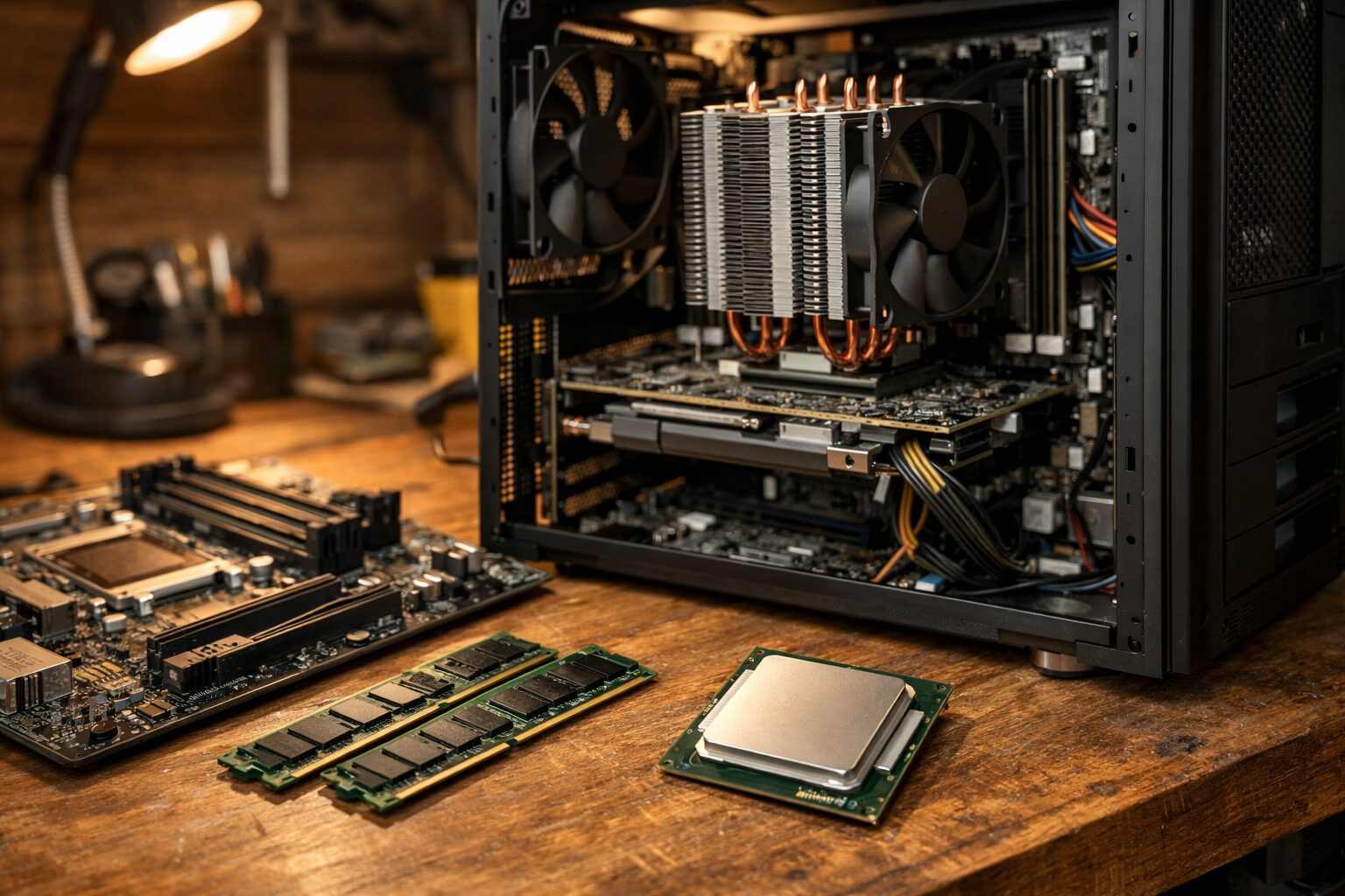 Открытый ПК на базе LGA2011 с Xeon и модулями DDR3 на верстаке