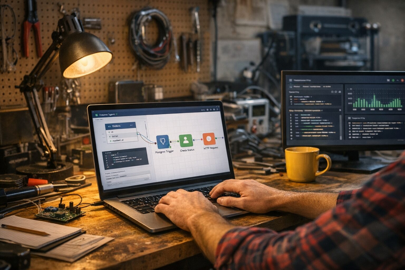 Ноутбук со схемой workflow и базой данных на рабочем верстаке