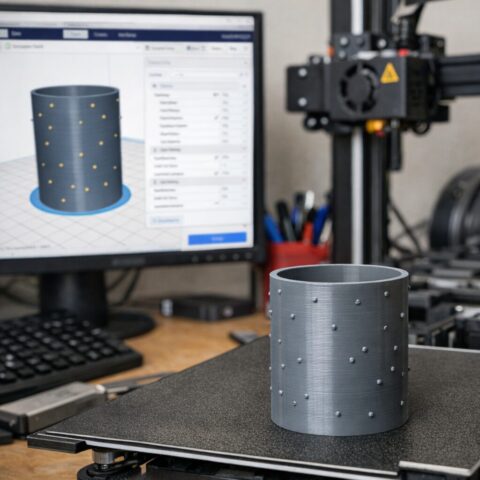 Цилиндрическая деталь с точками шва на стенке рядом с 3D-принтером