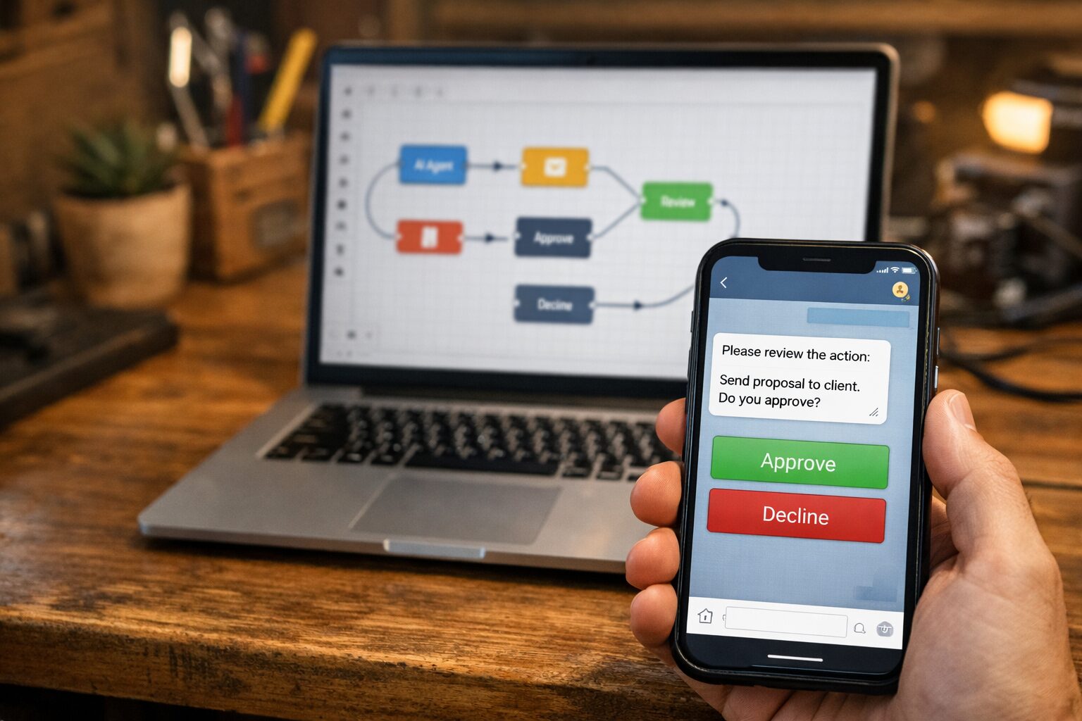 Смартфон с кнопками подтверждения и ноутбук с workflow автоматизации