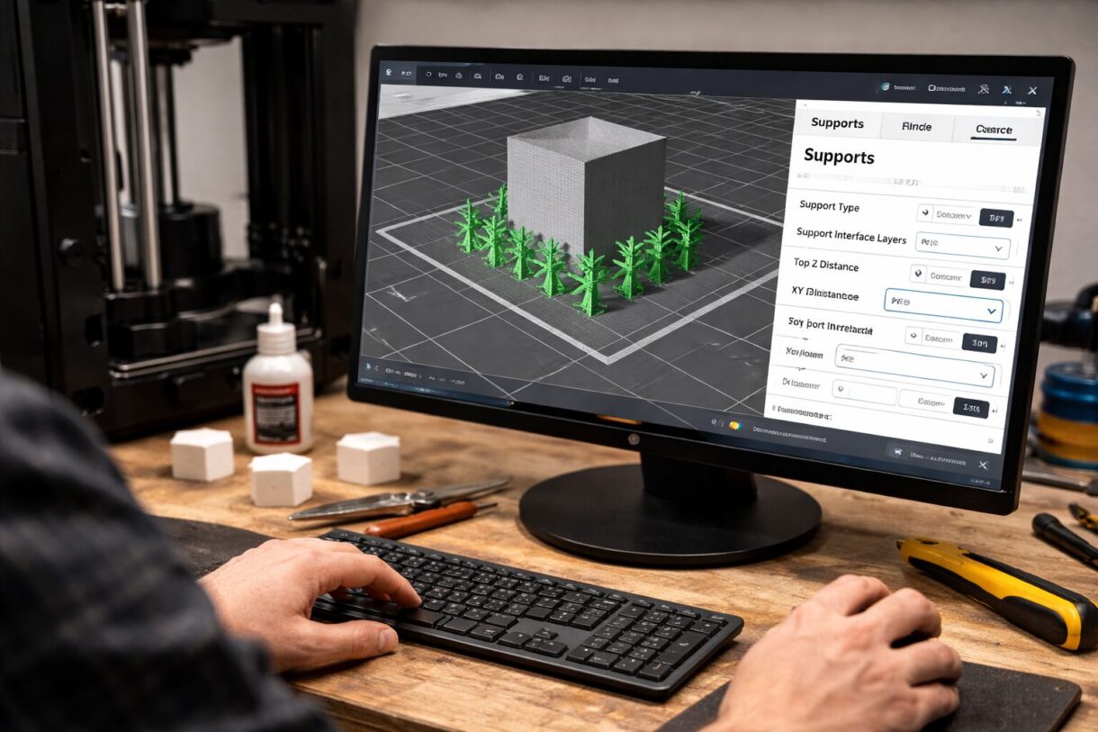 Сравнение низа детали после опор Нижняя сторона 3D-детали после снятия опор рядом с тестовыми образцами на верстаке