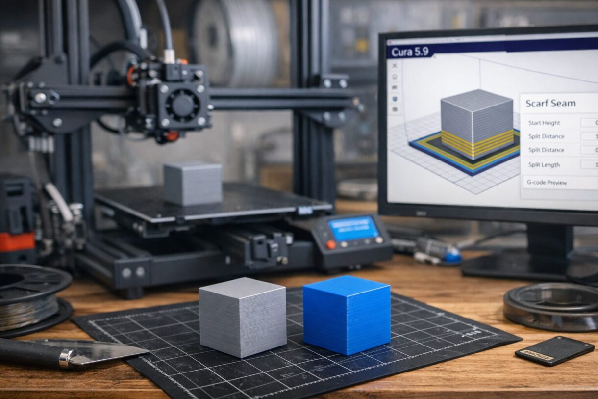 Сравнение шва на угловых деталях Тестовые 3D-печатные кубы и корпус рядом с экраном с траекторией шва