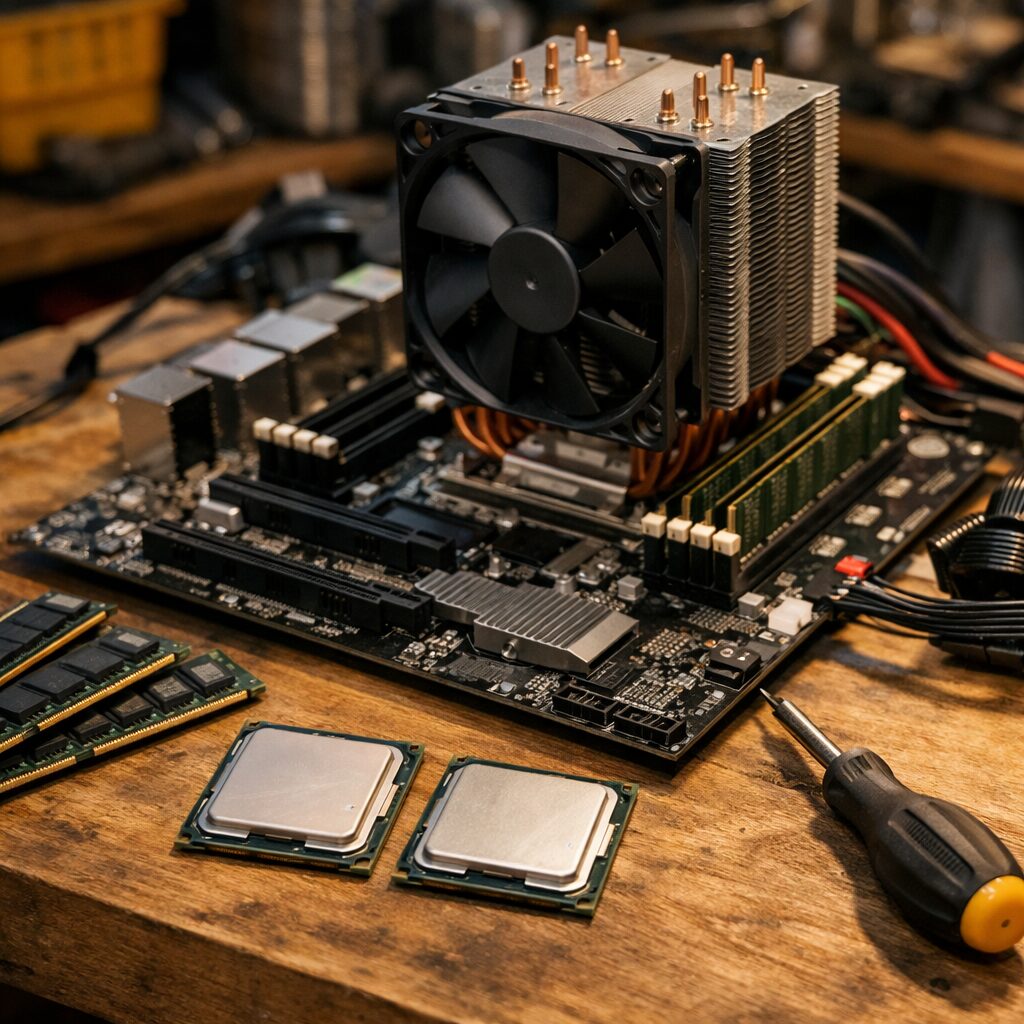 Два серверных процессора рядом с материнской платой LGA2011 на верстаке