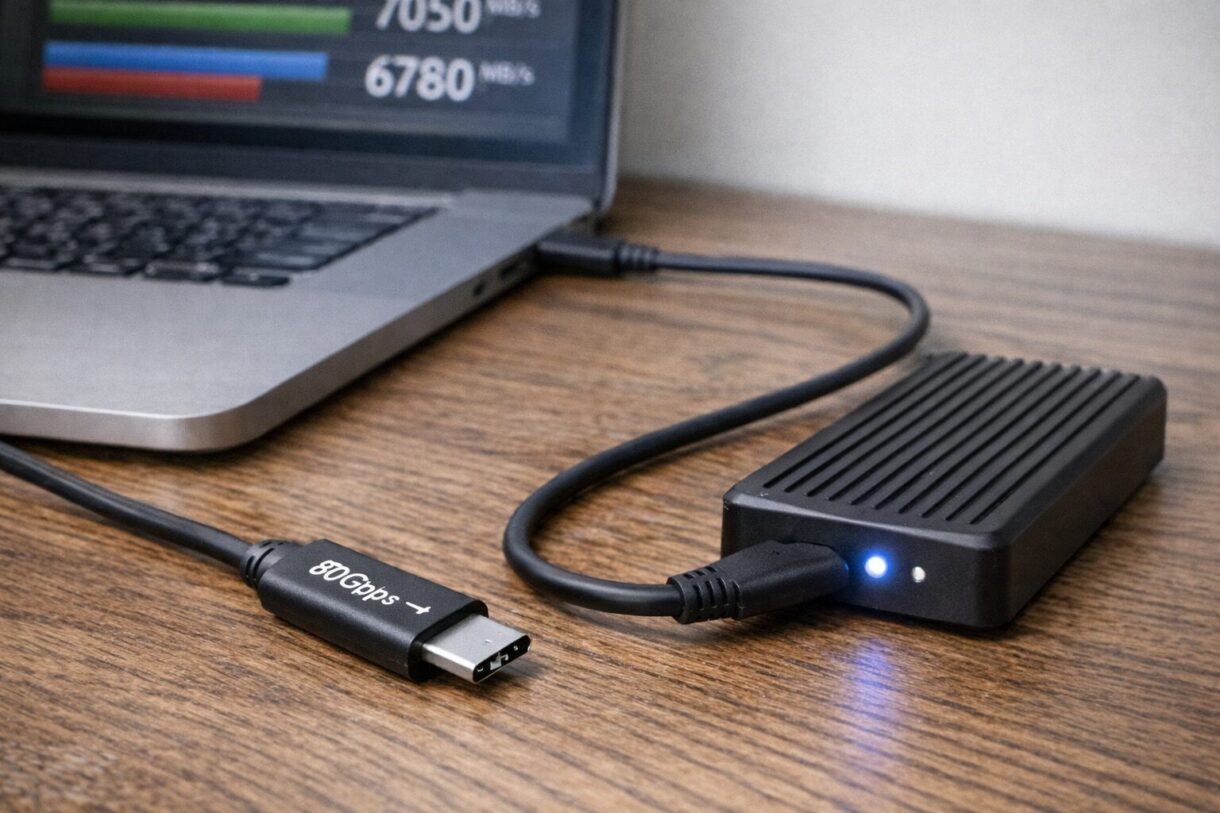 Сравнение USB-C кабелей и внешнего SSD Ноутбук с портом Type-C, внешний SSD и два USB-C кабеля разного класса скорости на столе
