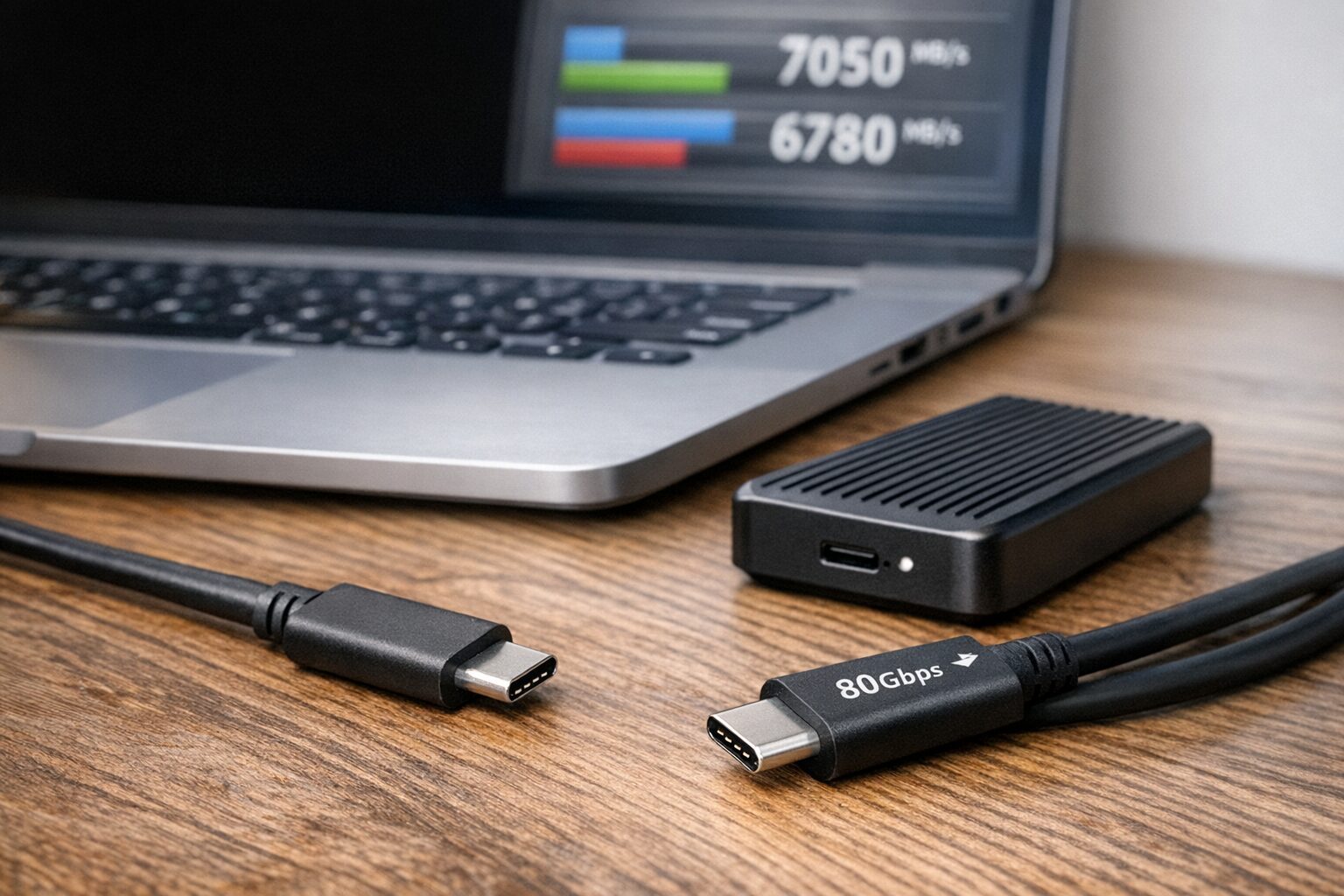 Ноутбук с портом Type-C, внешний SSD и два USB-C кабеля разного класса скорости на столе