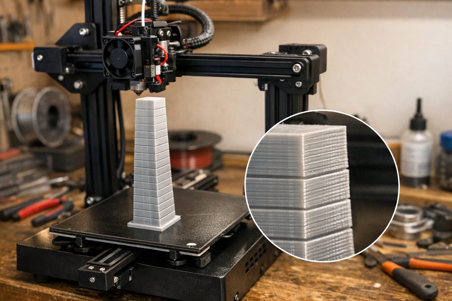 3D принтер печатает тестовую модель, на стенке видна лёгкая рябь