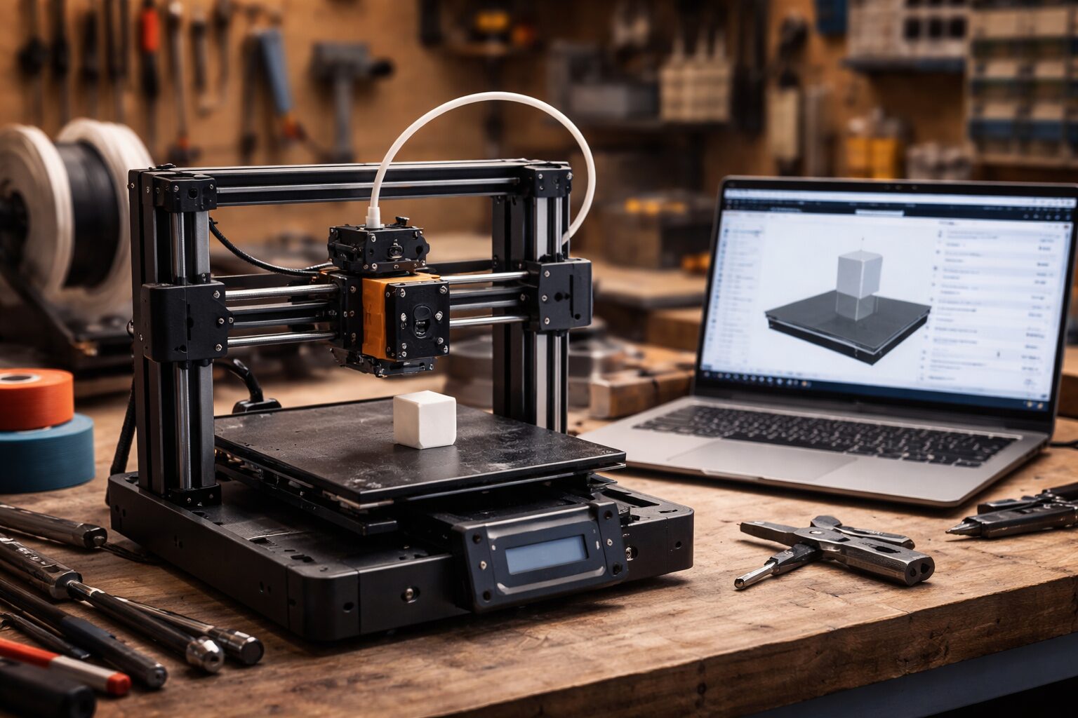 Компактный 3D-принтер печатает калибровочную деталь на верстаке