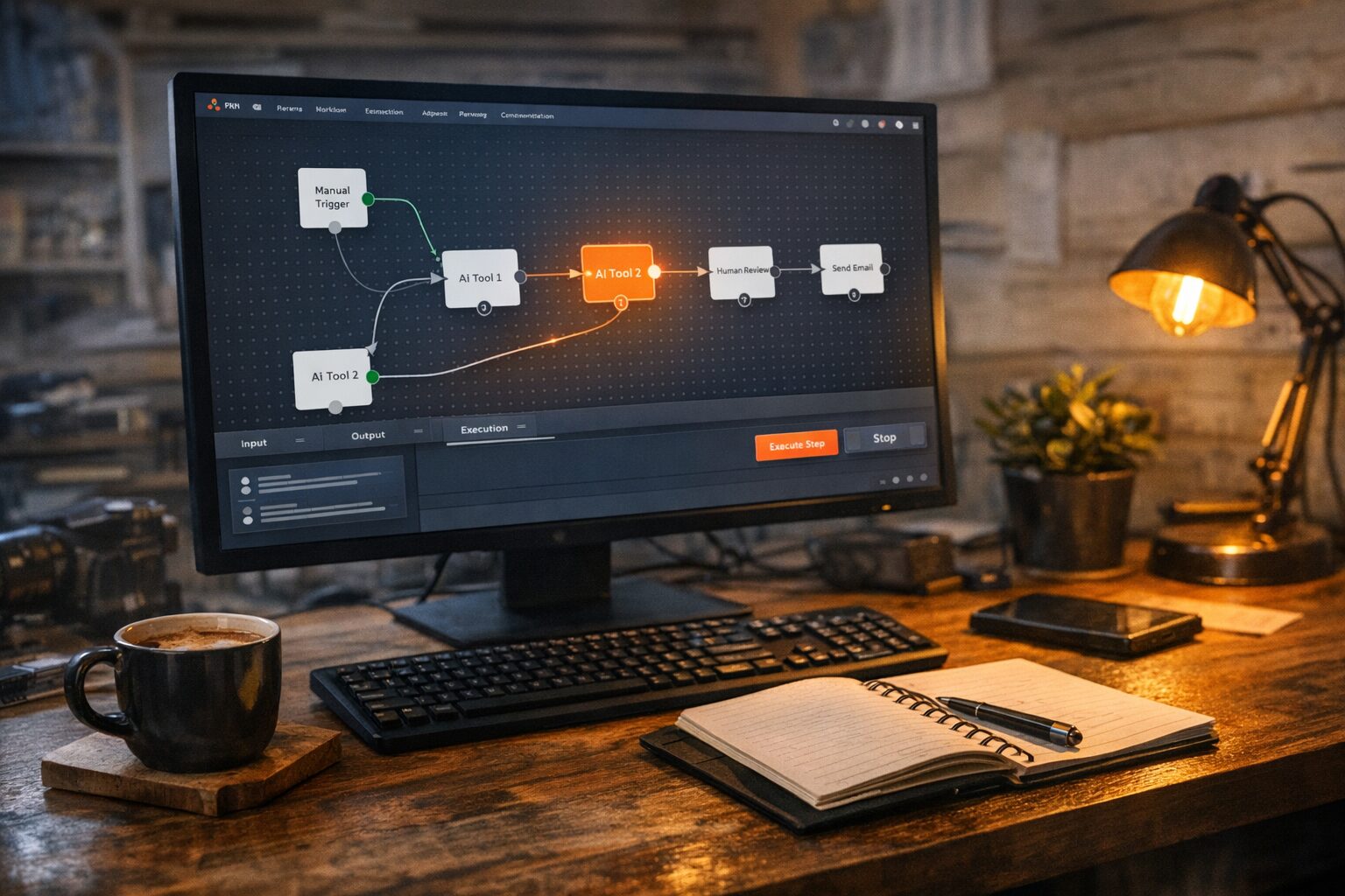 Монитор с визуальной схемой AI-агента и выделенным шагом тестового запуска
