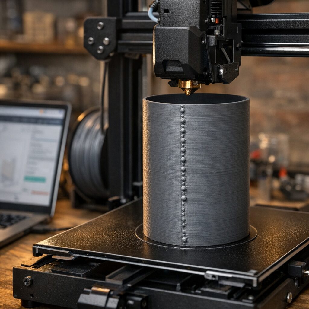 3D-принтер печатает цилиндр, на шве видны точки после коротких остановок