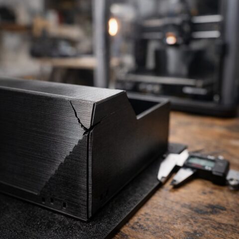 Треснувший угол тёмной 3D-детали рядом с закрытым принтером