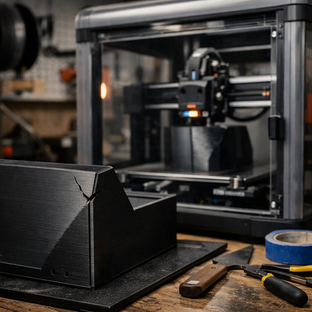 Треснувший угол тёмной 3D-детали рядом с закрытым принтером