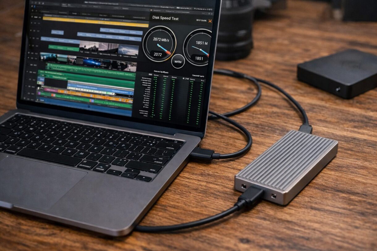 Ноутбук с таймлайном монтажа, рядом алюминиевый внешний SSD и кабель USB-C на рабочем столе