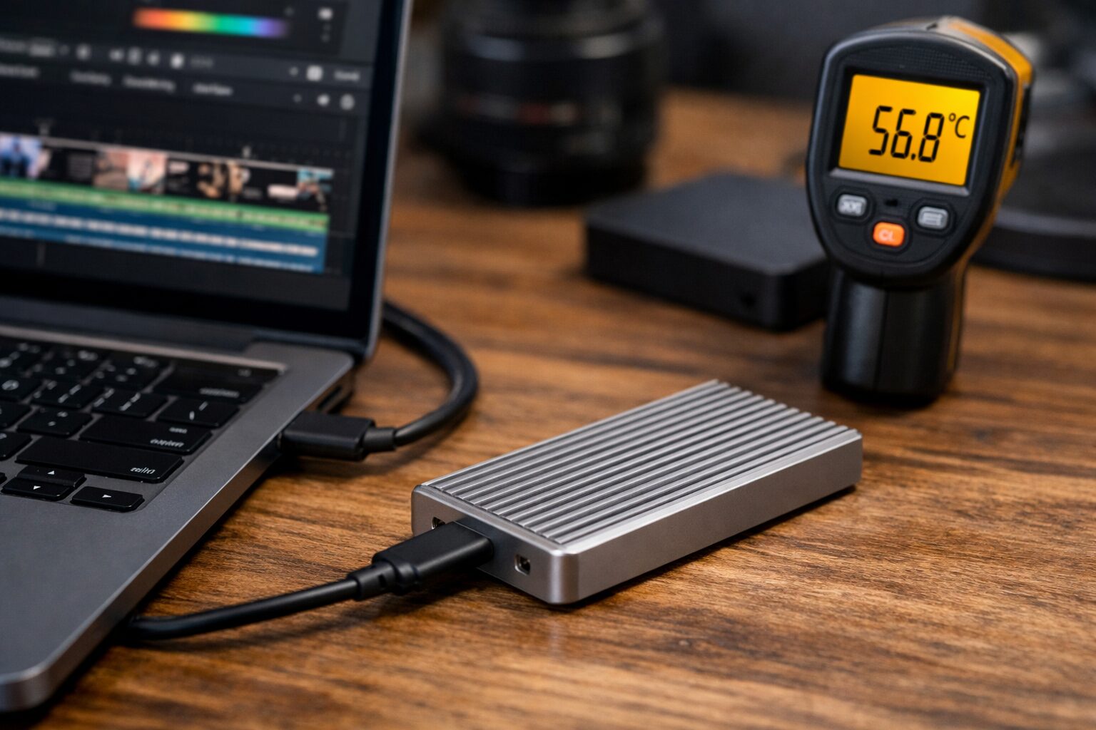 Ноутбук с таймлайном монтажа, рядом алюминиевый внешний SSD и кабель USB-C на рабочем столе