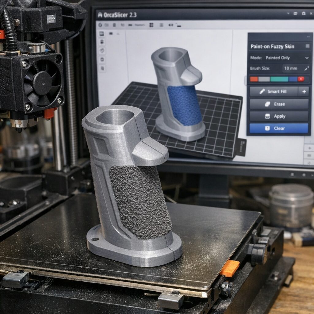 3D-принтер печатает серую деталь с текстурированной зоной хвата на боковой поверхности