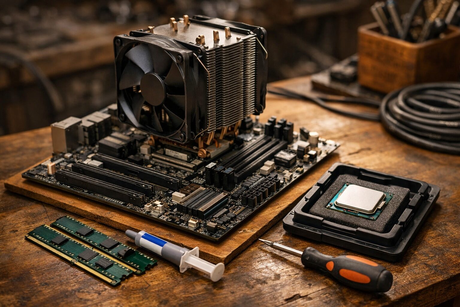 процессор на плате LGA1150 рядом с модулями DDR3 на рабочем столе мастера