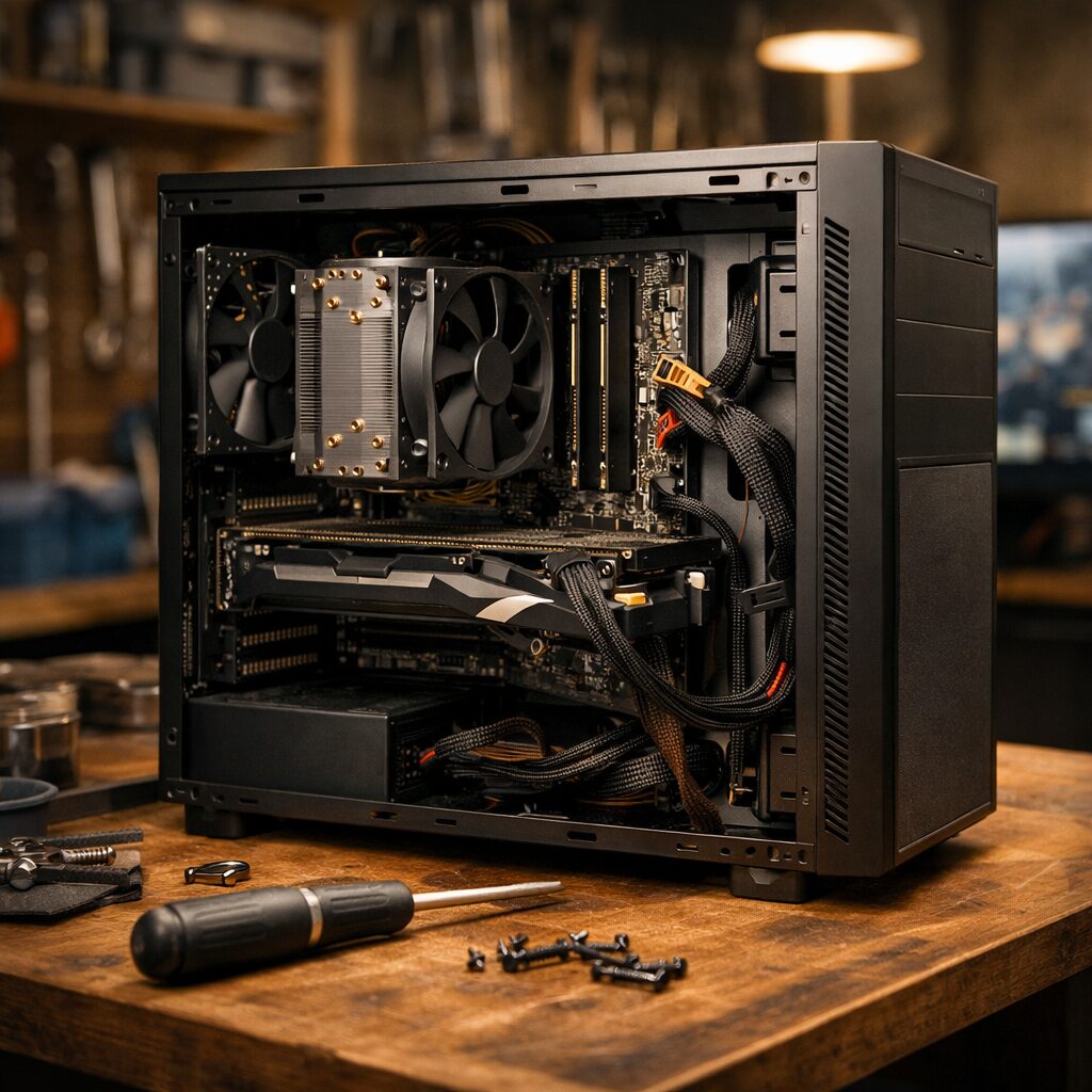 Открытый игровой ПК на базе Xeon на столе в мастерской