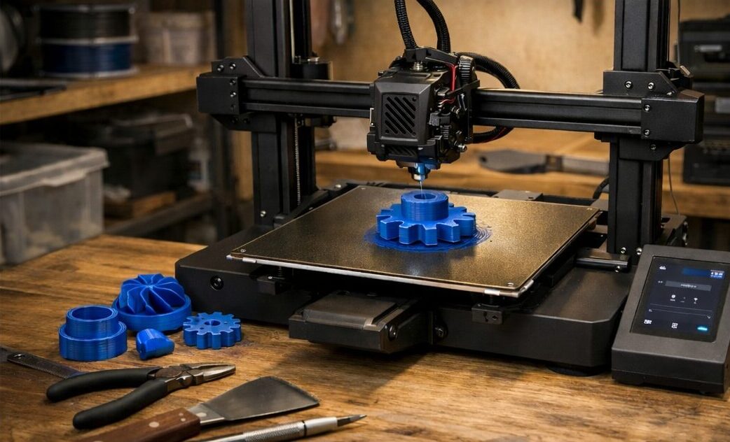 3D-принтер в мастерской Открытый 3D-принтер в домашней мастерской рядом с напечатанными деталями