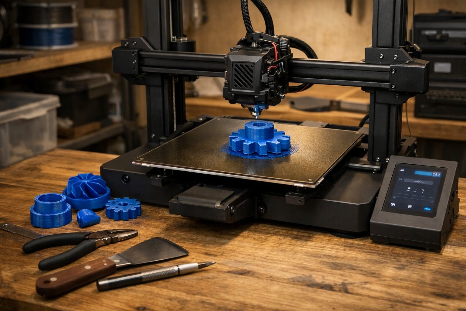Открытый 3D-принтер в домашней мастерской рядом с напечатанными деталями