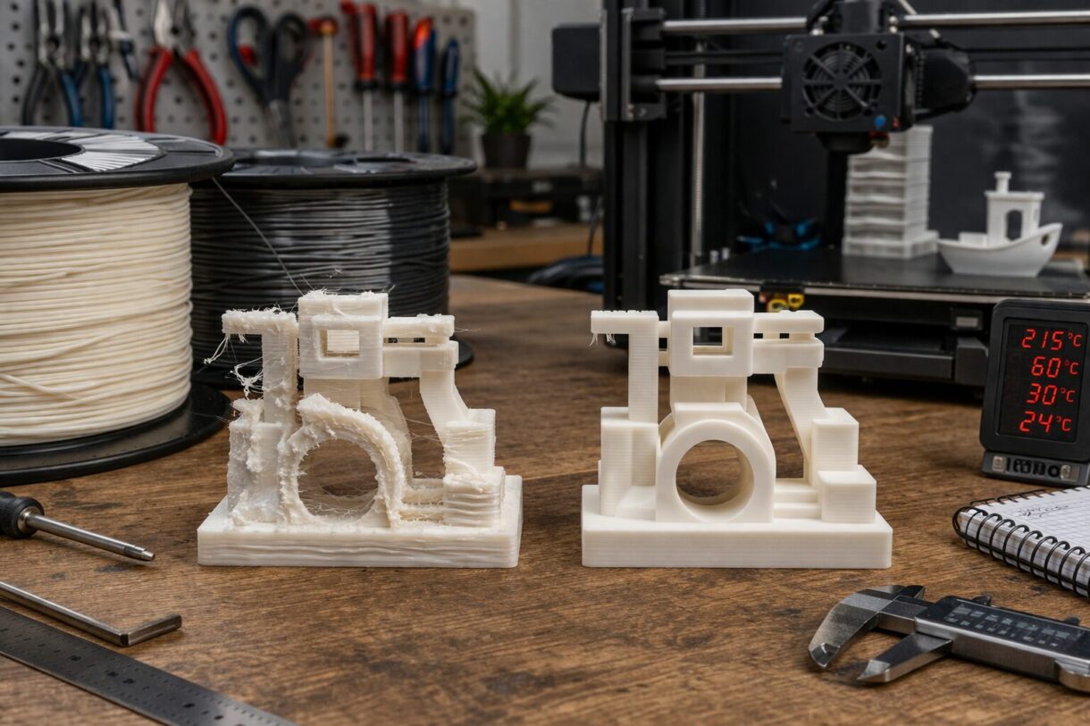Катушки PLA и PETG рядом с быстрым 3D-принтером в мастерской