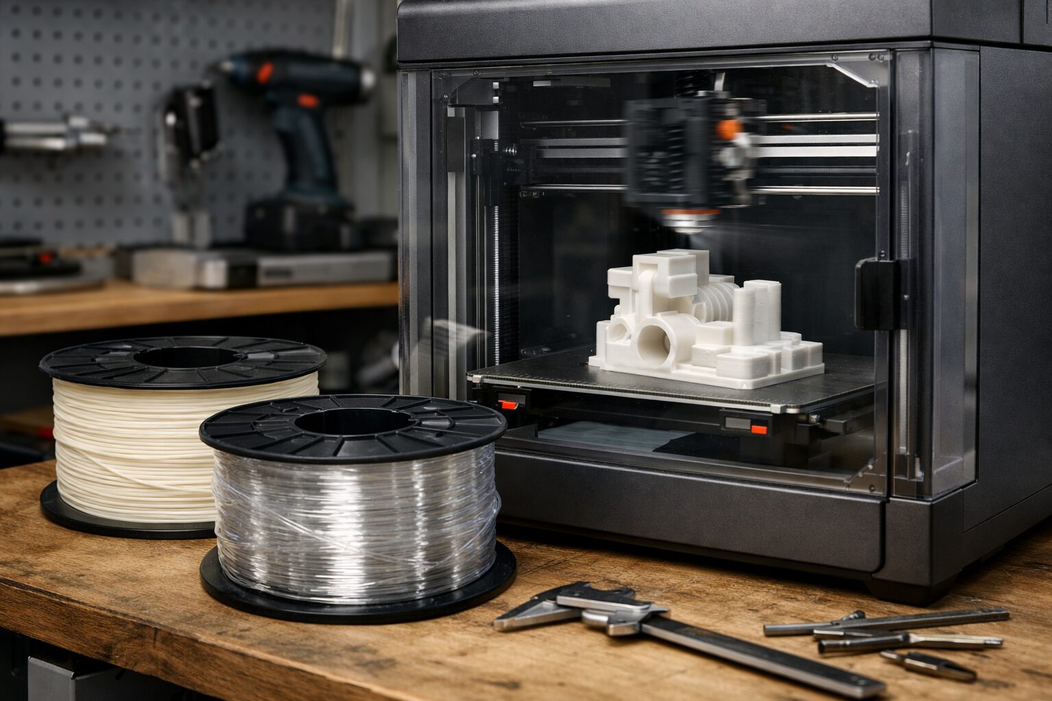 Катушки PLA и PETG рядом с быстрым 3D-принтером в мастерской