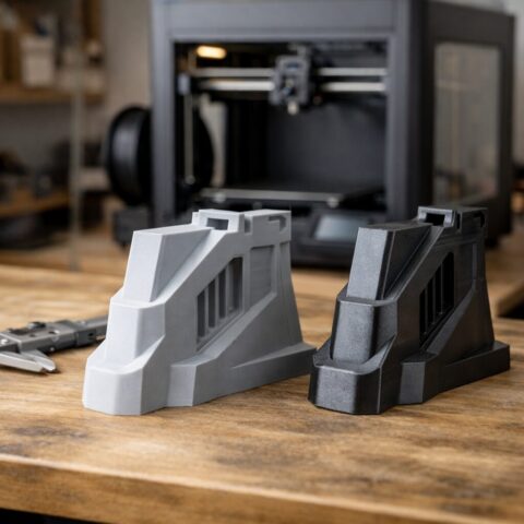 Закрытый быстрый 3D-принтер печатает тестовую деталь из серого пластика на рабочем столе мастерской.