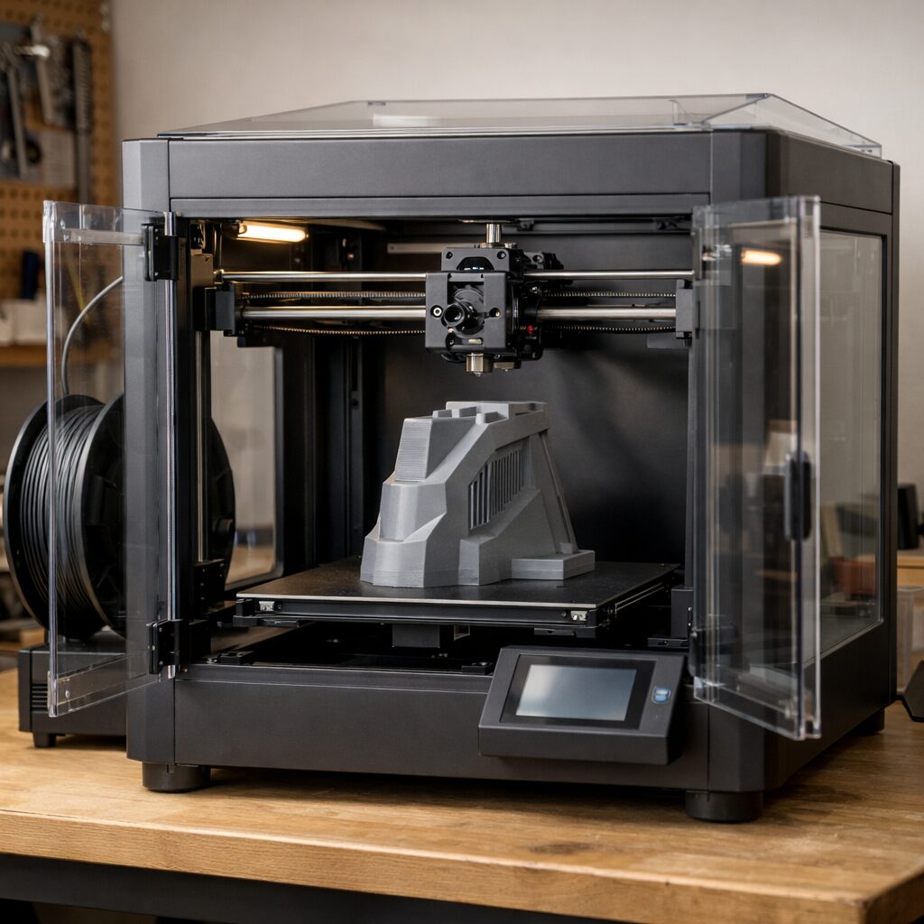 Закрытый быстрый 3D-принтер печатает тестовую деталь из серого пластика на рабочем столе мастерской.