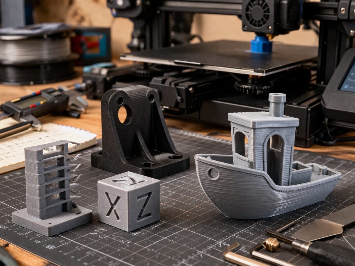 Бюджетный 3D-принтер в работе Открытый FDM-принтер печатает тестовую модель на текстурированной пластине в мастерской
