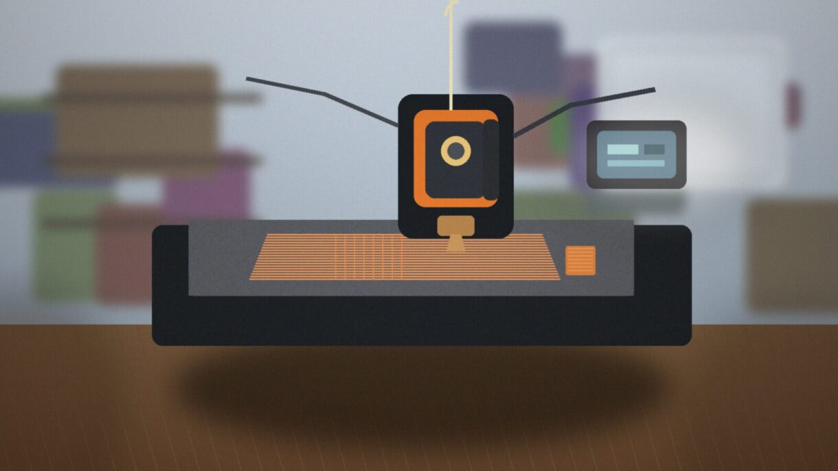 Бюджетный 3D-принтер в работе Настольный 3D-принтер печатает небольшую деталь на гибкой пластине в домашней мастерской