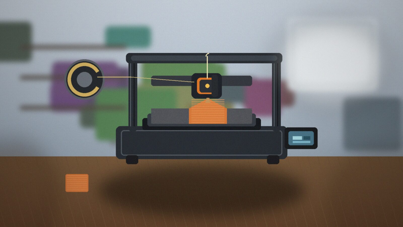 Настольный 3D-принтер печатает небольшую деталь на гибкой пластине в домашней мастерской