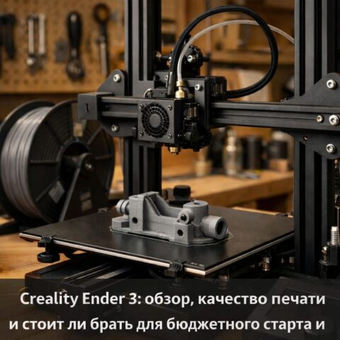 Открытый FDM-принтер печатает деталь на столе в мастерской